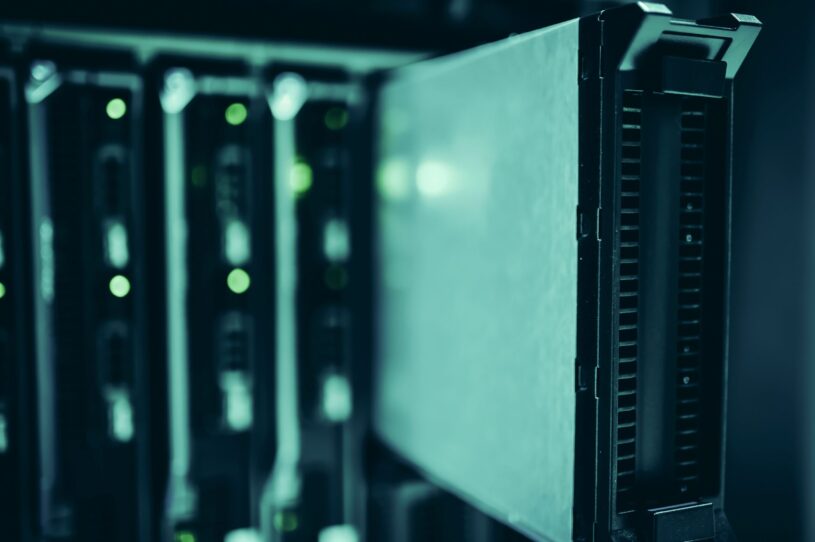 Close-up of server racks in a data center representing web hosting infrastructure
